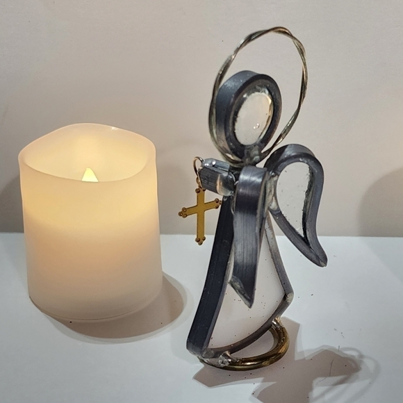 Pewter and Glass tiny Angels holding Goldtone Cross Pink Green Blue - Picture 8 of 15